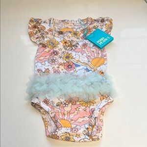 Posh Peanut Floral Bodysuit with Ruffle Skirt - Pink and Blue
